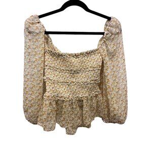 Floral Rounded Neck, Cinched Waist, Flowing Bottom & Sleeves with Tie Back sz S